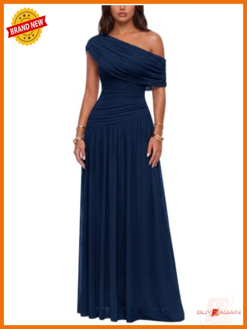 AISIZE One Shoulder Ruched Stretch Mesh Maxi Formal Dress